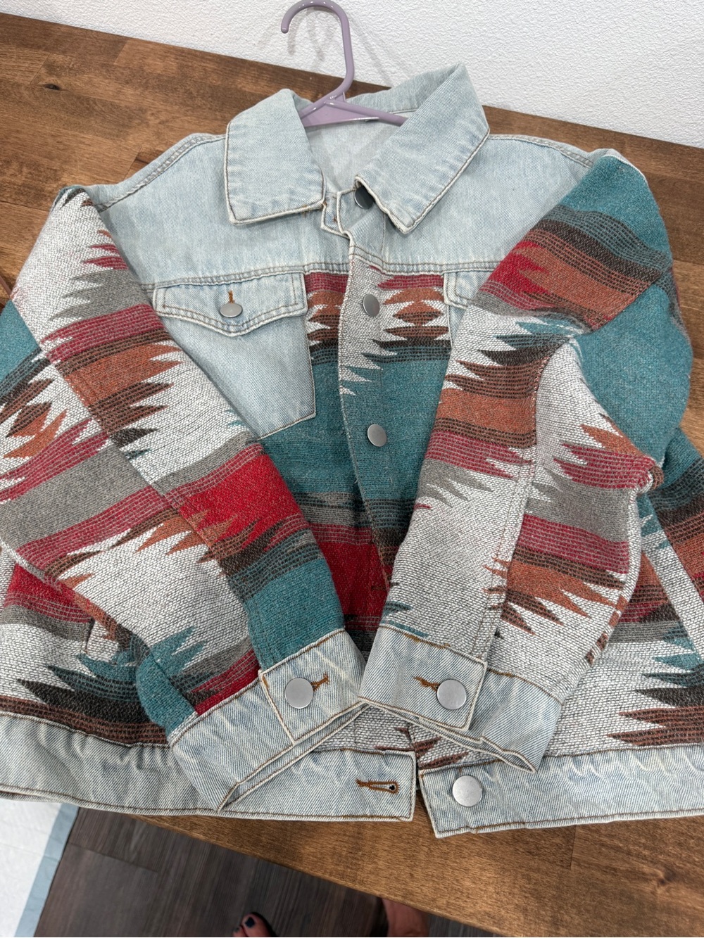 Aztec Pattern Light Wash Denim Jacket - Multi-Color - Picture 3 of 7